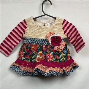 Counting Daisies Multi fabric and print stripe floral ruffle dress 3-6 months